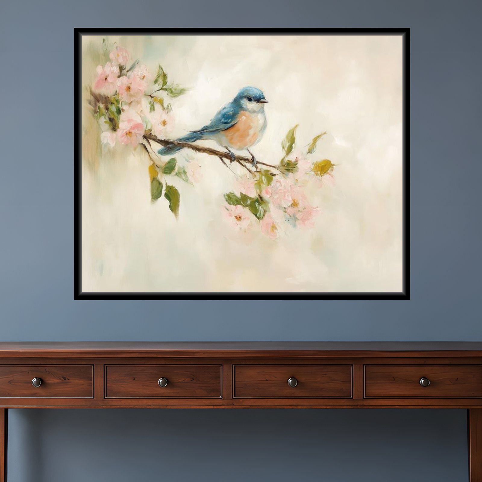 Bluebird artwork with a frame variation in a Traditional entryway